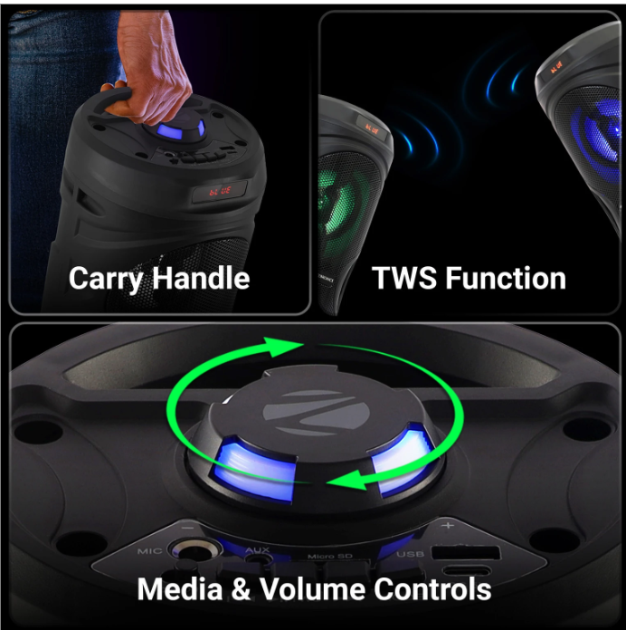 ZEBRONICS County pro 12, Dual Drivers, TWS, Mic Input, BT v5.4, Carry Handle, LED lights 20 W Bluetooth Home Audio Speaker (Black, Mono Channel)